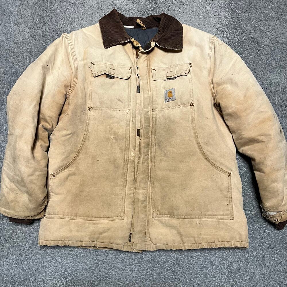 Carhartt Coat Mens Large ? Tan Duck Insulated Work Barn Canvas Corduroy Collar